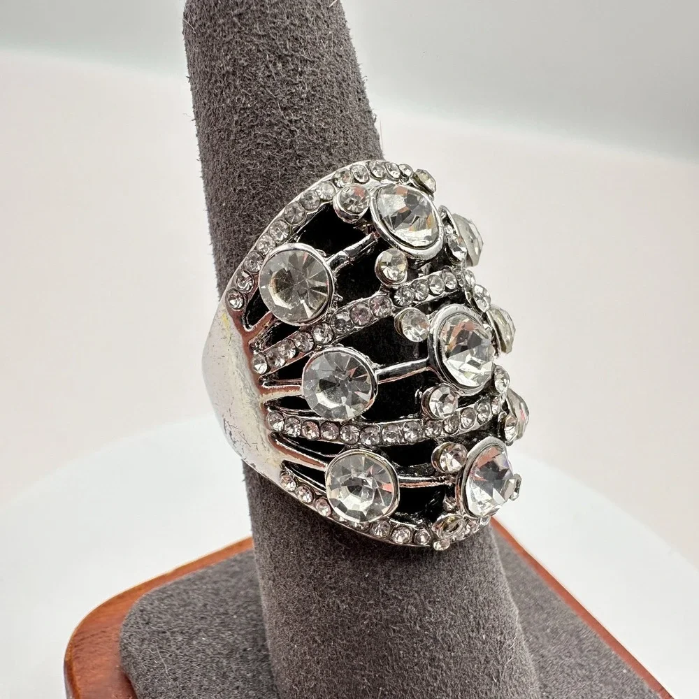 Vintage Y2K Silver Tone Multi-Tier Rhinestone Ring Women's Jewelry